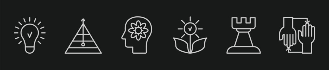 Business Strategy and Cognitive Leadership Line Icon Set, Creative Idea, Hierarchy Pyramid, Problem Solving, and Strategic Growth Vector Illustrations for Professional Web Design © Mazhar