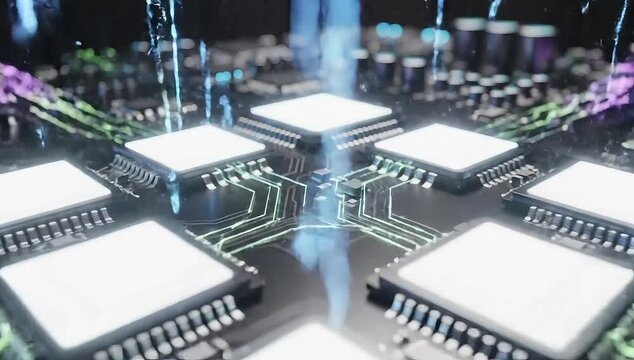 Advanced microchip data processing visualization representing artificial intelligence computing and high performance digital systems used for technology innovation, data analysis, and futuristis