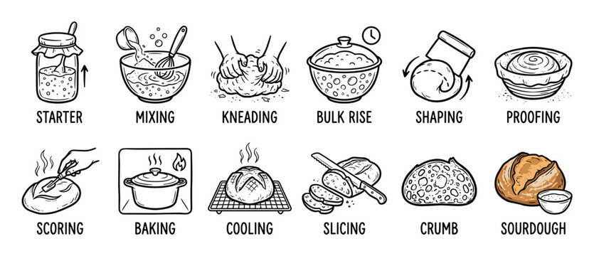 Sourdough bread making process illustrated with a set of hand-drawn icons showing each step from starter and mixing to baking, cooling, and slicing the final loaf