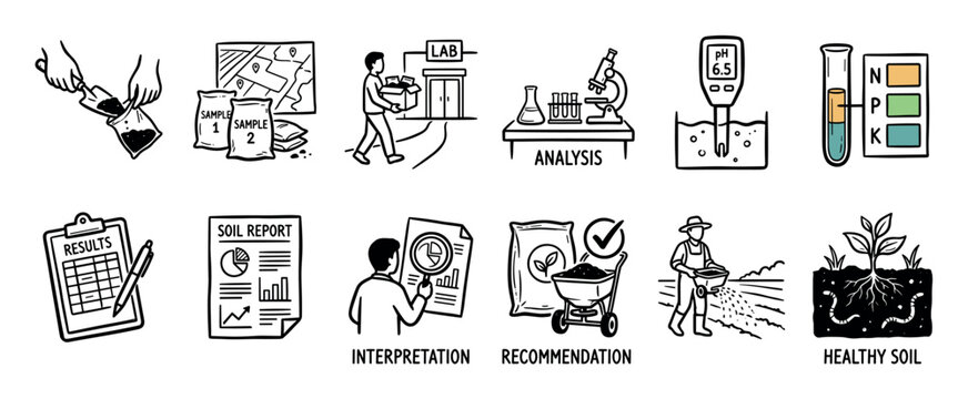 Hand drawn icon set illustrating the soil testing process from sampling and lab analysis to interpretation, recommendation, and achieving healthy soil for agriculture and farming