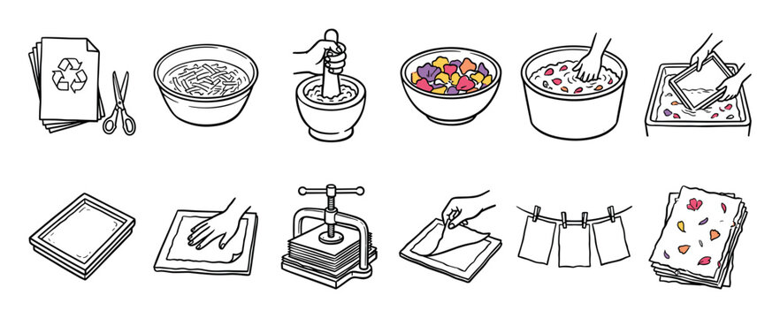 Set of hand-drawn line art illustrations showing the step-by-step process of making recycled paper, a DIY craft tutorial from pulping waste to drying handmade sheets with petals