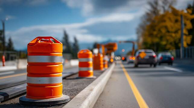 Orange traffic barrels lined strategically along busy highway during major construction project road safety barriers highway maintenance markers traffic control devices