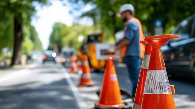 Detailed construction zone with temporary road signs bright orange cones reflective safety barriers and faceless traffic flagger guiding vehicles comprehensive traffic