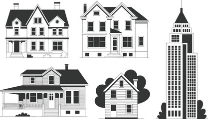 Residential houses illustration set, suburban homes cottages and city building collection architecture exterior property icons isolated modern housing design