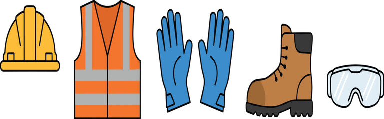 Construction Safety Equipment and Protective Gear Flat Vector Set Isolated on White Background