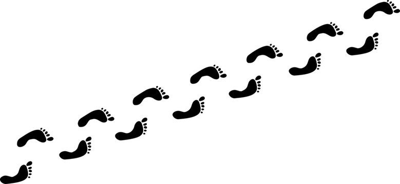 Human footprint trail, black silhouette bare foot track set isolated on white. Walking person steps, bare human footprint path, organic body part shape. Barefoot print collection