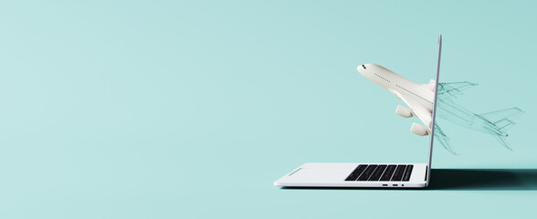 Online plane tickets. Airplane passes through the laptop screen on blue background. 3D Rendering, 3D Illustration © hd3dsh
