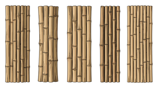 Set of natural brown bamboo stalk bundles tied together in vertical columns isolated against a clean white background.