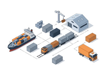 Fototapeta premium Multimodal transportation hub featuring cargo ship, train, and truck in industrial setting with warehouse and crane