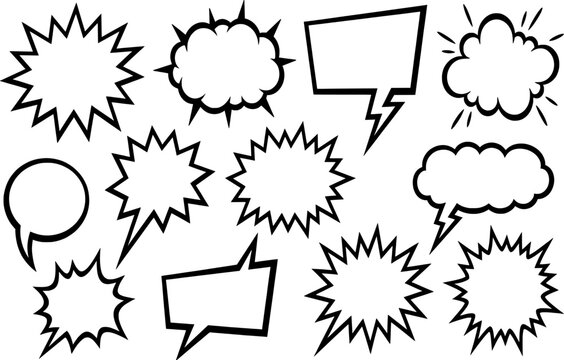Aggressive comic burst shapes and jagged speech bubbles for intense dialogue and action sequences in manga and cartoon storytelling on transparent background art