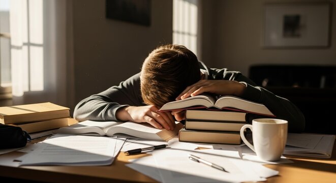 Exhausted man resting head on books, tired student studying late, sunlit home office with copy space