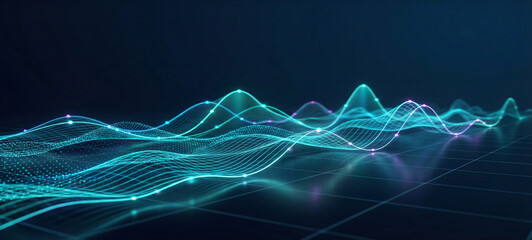 Neon Waveforms Over a Grid: Abstract Digital Light Field for Technology and Data Visualization.