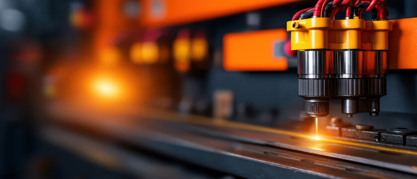 Laser cutting machine with bright orange light working on metal sheet in industrial factory environment, close up of precise automated manufacturing process