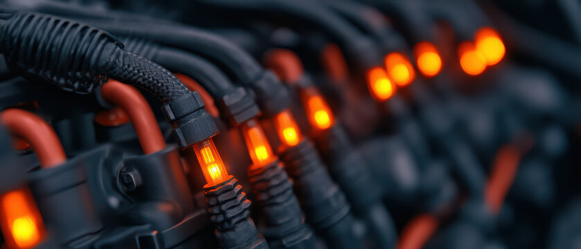 Glowing orange connectors with black cables in close up view of engine test bench, showing detailed mechanical and electrical components in minimal style