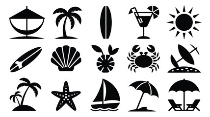 Tropical island black solid silhouettes beach icons set summer vacation symbols palm trees surfboards cocktails sun beach chairs umbrellas sailboats starfish seashells crabs tropical © Shovon