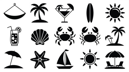 Tropical island black solid silhouettes set summer vacation icons beach symbols palm trees cocktails surfboards sun crabs starfish sailboats umbrellas and lounge chairs on white background © Shovon