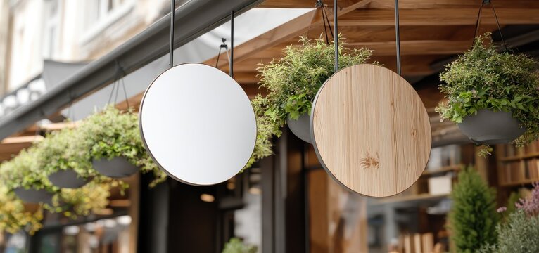 mockup of two round wooden signboards on the wall