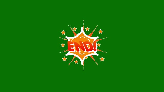 END Word Retro Cartoon Comic Bubbles Pop Up Style, Expressions Color Bomb and Smoke Strip Dotted Animated comic book style, Caption bursting with energy on green  screen 4k doodle background