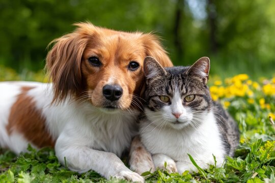 Dogs and Cats Enjoy Time Together on Green Grass Field With Flowers in Spring