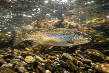 Fototapeta premium An iridescent rainbow trout swims near the water's surface in a clear, rocky river, with light reflecting off its body.