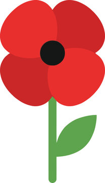 A simple red poppy flower graphic symbol for remembrance day and anzac day, floral element with green stem and leaf, flat design for tributes and memorials, graphic resources.