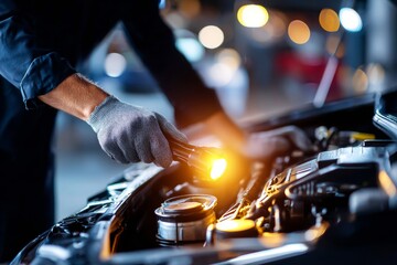 Naklejka premium Auto Mechanic Inspects Engine Using Flashlight in Workshop During Daytime With Focused Attention and Detail