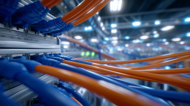 Angled close-up of a network distribution switch inside a climate-controlled server room, vibrant orange and blue cables flowing into patch panels, structured cabling system, soft