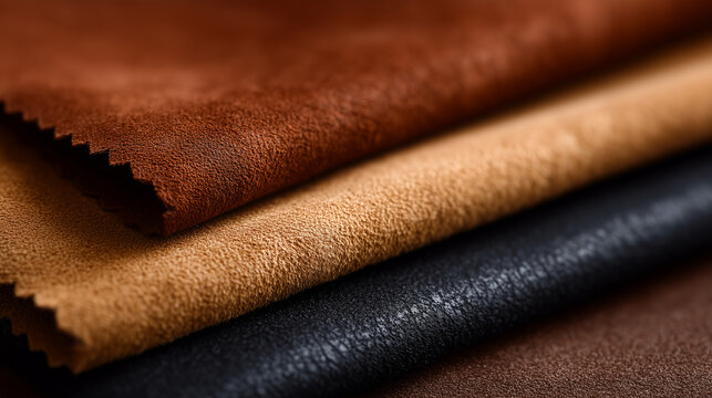 Macro close-up of soft suede and nubuck leather pieces layered elegantly, velvety surface texture clearly visible, gentle folds showing flexibility, diffused studio lighting enhanc