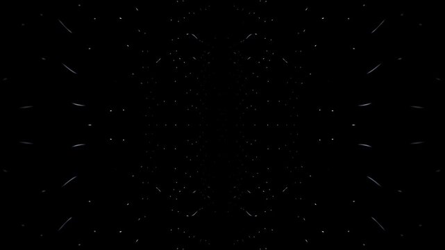 Minimal mirrored lines made of short strokes continuously drawing and fading, forming an endless symmetrical motion on a black background. Seamless looping.