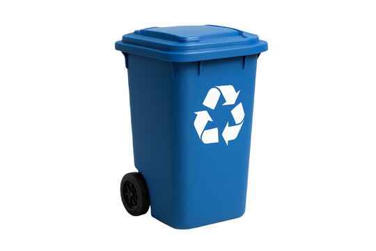 Blue recycling bin with universal symbol, representing sustainability, waste management, and eco-friendly living.