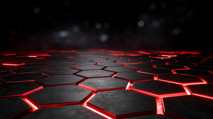 Obraz premium High-tech geometric design with layered black polygons accented by luminous red highlights, rugged steel mesh texture beneath with brushed metal reflections, dramatic side lighting