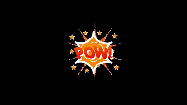 POW Word Retro Cartoon Comic Bubbles Pop Up Style, Expressions Color Bomb and Smoke Strip Dotted Animated comic book style, Caption bursting with energy on black  screen 4k doodle background