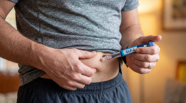 Close-up of a man  administering a GLP-1 subcutaneous injection into his abdomen at home. Medical concept for diabetes management, obesity treatment, and weight loss medication.