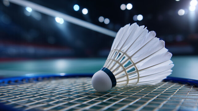Macro perspective of a pristine white shuttlecock lying near the racket strings, detailed feather structure sharply highlighted, shallow depth of field fading into a smooth indoor