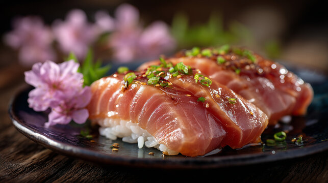 Ultra-detailed close-up of chutoro sushi with perfectly shaped rice and glistening tuna, light soy glaze shimmer visible, glossy black plate reflecting subtle highlights, pickled g