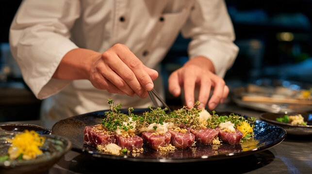 Sophisticated omakase dining composition with chef&acirc;s hand gently placing chutoro nigiri onto a black lacquer plate, luxurious marbling and fresh texture emphasized by warm ambient