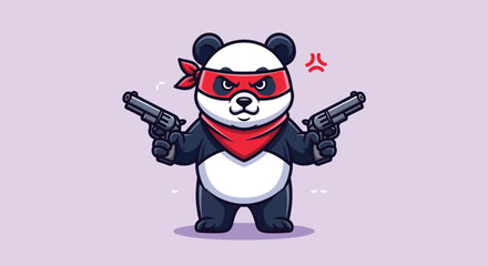 Cute Angry Panda Ninja Holding Guns Cartoon Vector. © NFS Studio