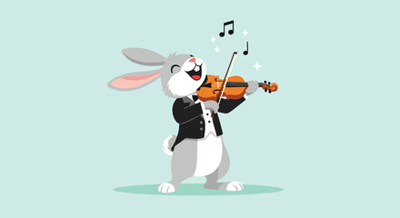 Cute cartoon rabbit playing the violin with musical notes. © NFS Studio