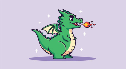 Fototapeta premium Cute Green Dragon Breathing Fire Cartoon Vector Illustration.