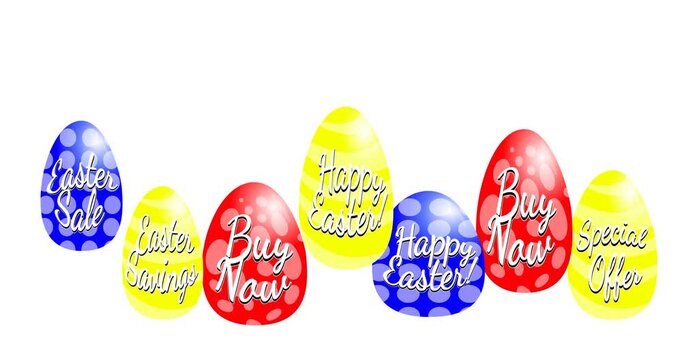 several animated easter eggs, bouncing on the screen and jumping, short 2d video with easter eggs for easter promotion, marketing and sales, easter sale, easter promotion, buy now and easter sale