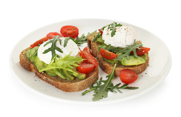Tasty breakfast with avocado toasts, poached eggs and tomatoes isolated on white