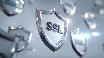 Conceptual 3D composition of multiple white and silver SSL shield symbols above a clean white surface, HTTPS certificate logos hovering nearby, soft lighting and slight reflections