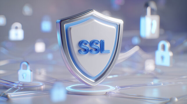 Minimalist composition with a central SSL shield icon surrounded by floating HTTPS and padlock symbols, white background with soft ambient shadows, subtle network line overlays rep