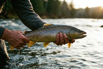 Obraz premium A fisherman gently holds a freshly caught brown trout over the river, its wet scales glistening in the sunlight before release.
