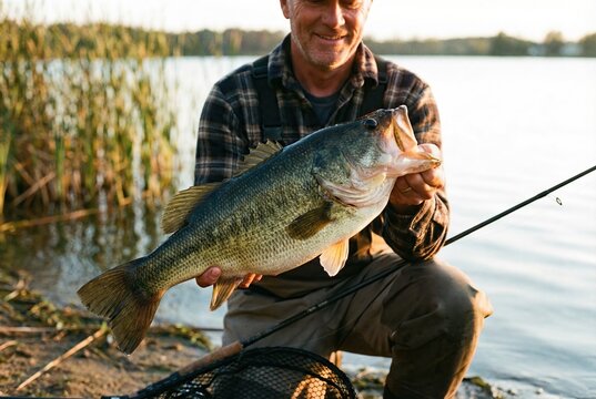 A smiling mature fisherman proudly kneels by the shore of a lake, showing off a large largemouth bass he has caught.