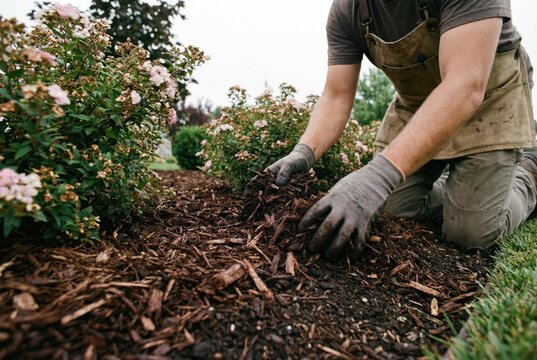 A gardener wearing gloves spreads a layer of dark wood chip mulch around the base of a rose bush.