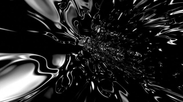 Inside a rotating torus with glossy black liquid texture, reflective oil-like surfaces swirl as the left side moves toward the camera. Seamless looping.