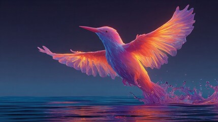 Obraz premium Neon bird flying over neon ocean glowing with vibrant electric colors, dynamic digital wildlife scene, bright glowing bird and water illustration