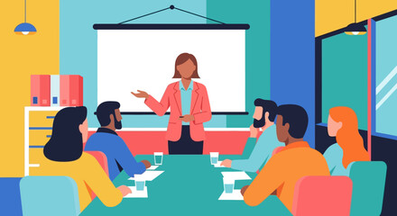 Fototapeta na wymiar Woman presenting to diverse group in modern office setting with projector screen