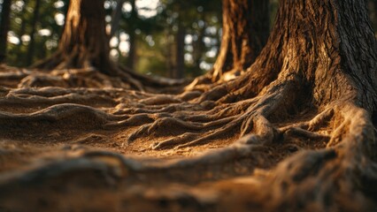 Fototapeta premium Exposed tree roots in forest floor